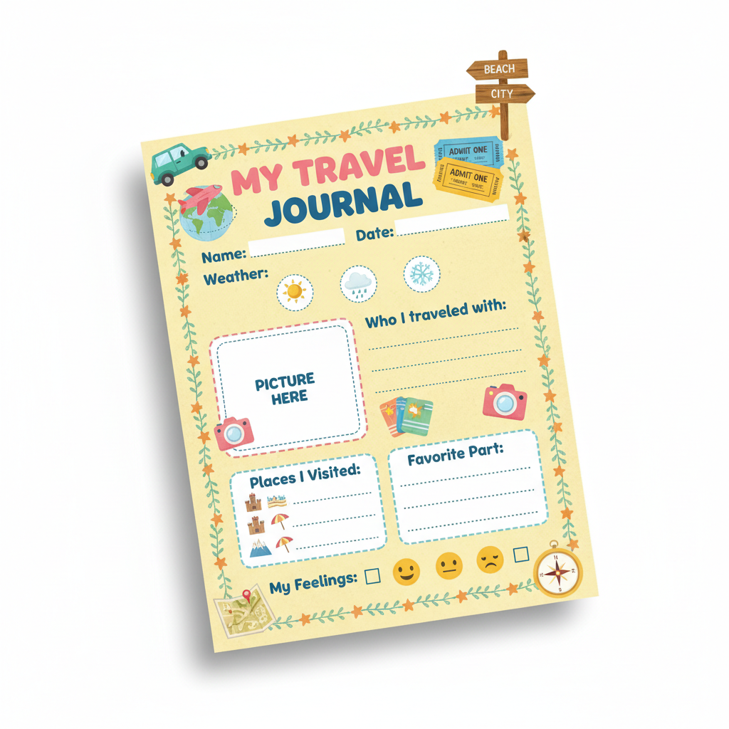 Printable Kids Travel Journal – 2-Page Activity Sheet on white background
